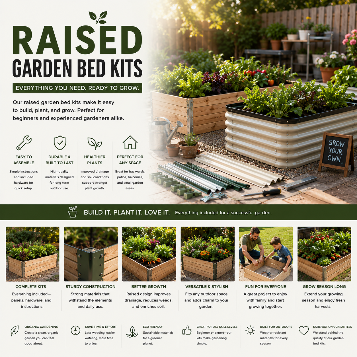 Raised garden bed kits with wooden and metal planters, vegetables, herbs, flowers, easy assembly gardening setup, and organized backyard garden space