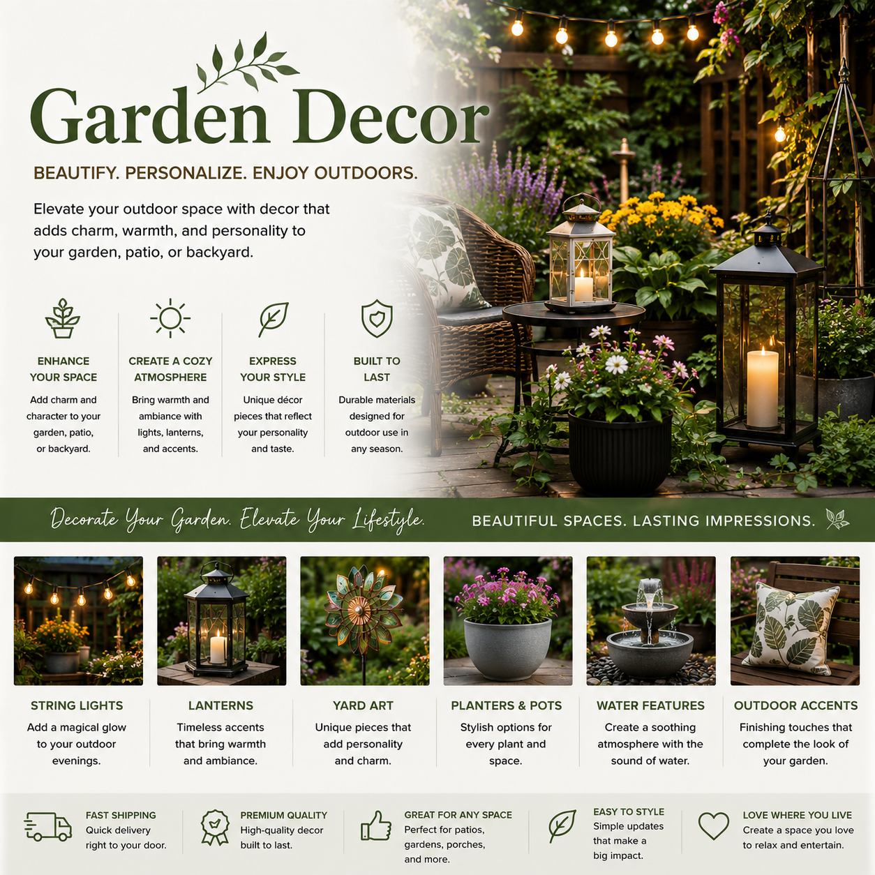 Stylish garden decor with solar lights, outdoor statues, patio accents, decorative planters, fountains, yard art, and cozy backyard outdoor styling