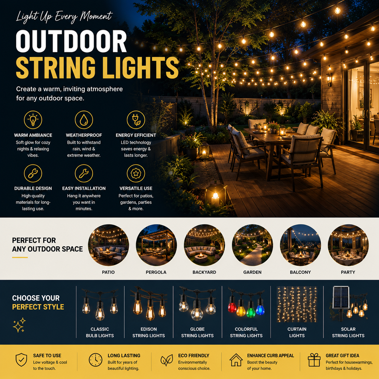 Warm outdoor string lights illuminating a modern backyard patio, pergola, garden seating area, and outdoor dining space at night