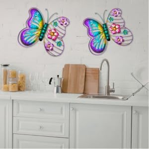 Metal Flower Butterfly Wall Decor Outdoor Indoor Wall Art Sculpture 13" Hanging Waterproof Garden Decorations Home Decorative Ornaments for Yard Fence Patio Balcony Bedroom Living Room Gift
