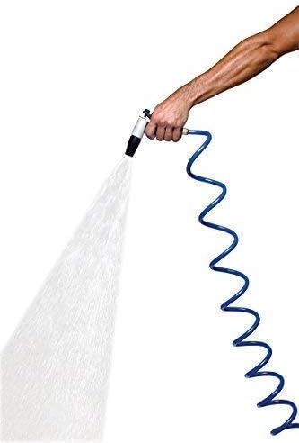HoseCoil 3/8 inch ID Self Coiling Garden, RV, Marine Outdoor Water Hose (25' Blue) | 25 Ft • 3/8 in ID • Self-Coiling Hp Polyether Hose • 3/4 in Garden-Thread Solid Brass Fittings • Blue