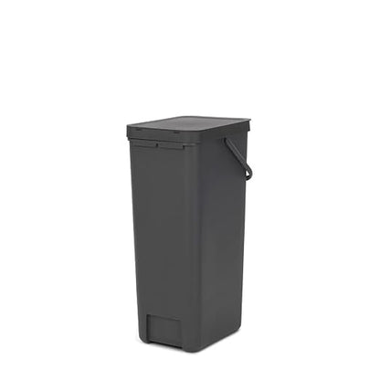 Brabantia Sort & Go Kitchen Recycling Bin | L / 10.6 Gal / 40L | Dark Gray | Removable Stay-Open Lid, Carry Handle | Trash Can for Bottles, Cans, Paper, Glass | Wall Bracket Sold Separately