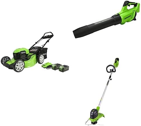 Greenworks 40V 21" Brushless Cordless (Smart Pace) Self-Propelled Electric Lawn Mower, Brushless Leaf Blower (130 MPH / 550 CFM), String Trimmer, (2) 4.0Ah Batteries and Charger