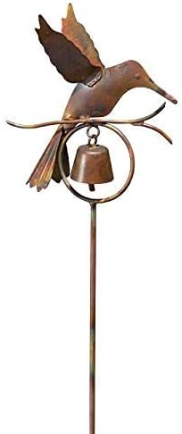 Ancient Graffiti Hummingbird with Bell Garden Stake, Flamed Copper Colored – Metal Outdoor Yard Art, 33" Tall, Decorative Bird Figure with Bell, Durable Garden Sculpture with Step-in Base