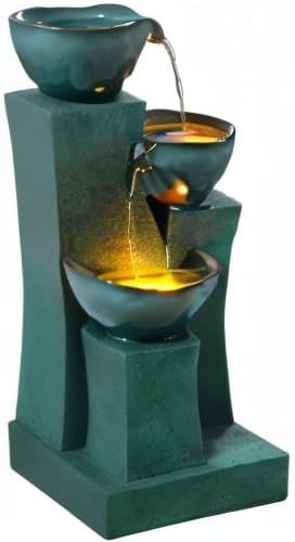 Teamson Home 28.54 in. 3-Tier Cascading Outdoor Water Fountain, Green | LED Lights, For Gardens, For Landscaping, For Patios, For Balconies