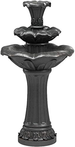 Teamson Home Lily Flower Floor Pedestal 3 Tiered Floor Waterfall Fountain with Pump for Outdoor Patio Garden Backyard Decking, 38 Inch Height, Dark Gray | Pedestal Design, With Pump, Outdoor Patio Garden Backyard Decking, Dark Gray