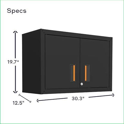 Ready-to-Assemble Floating Garage Storage Cabinet - Wall Mount Garage Cabinet w/Lockable 2 Doors, 44 lbs Shelf Capacity, Removable Shelf, Small Steel Metal Cabinet(Black)