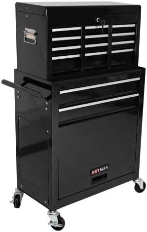 8-Drawer Tool Chest, Detachable Top Box for Garage,Black | Rolling Mobile Storage Cabinet Organizer with Lockable Wheels for Workshop Utility, Heavy Duty Metal Construction