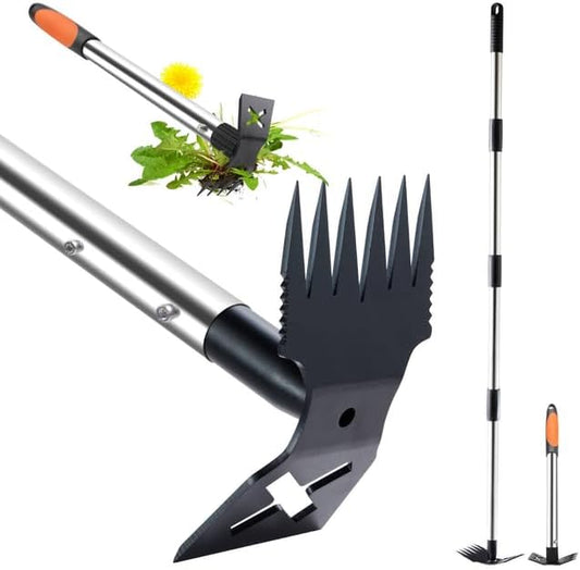 60" Weed Puller Tool with Long Handle and 17" Weeding Tools Gardening Set, Dual Side Hand Weed Rake and Hoe Garden Weeder, Weed Pulling Remover Tool for Yard, Patio, Lawn and Garden Planting (Black)