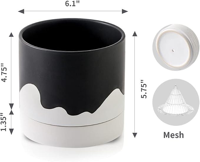Nihow Ceramic Plant Pot,6 Inch Planter with Drainage Hole&Saucer for Indoor | Black &White,Indoor & Outdoor, Cylinder Round Flower Pot, For Succulent/Herbs/Violets