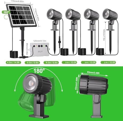 Cly 4-in-1 Solar Spot Lights Outdoor 2700K Solar Powered Landscape Lighting | Warm White Low Voltage IP66 Waterproof 14M Cable Auto On/Off for Outside Garden Yard Landscape Pathway