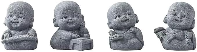 4Pcs Laughing Buddha Statue Feng Shui Decor, Cut Zen Monk Buddha Statue for Praying, Monk Sandstone Figurine Ornaments for for Home Decor or Garden Outdoor (4 Little Zen Monks)