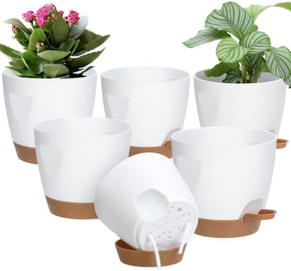 5-Pack Plant Pots with Drainage 7/6.5/6/5.5/5 Inch Self Watering Pots for Indoor Outdoor Plants, Plastic Flower Pots with Drainage Holes and Removable Saucers, Plant Pots with Wicking Rope (White)