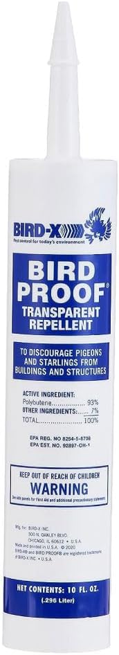 Bird-X Bird Repellent Gel, Sticky Texture, Clear, 10 Fl. Oz., Pack of 1 | For Ledges and Windowsills, Low-Profile, Discreet, Applies with Caulk Gun, Each Tube Covers 10 Feet Pigeons