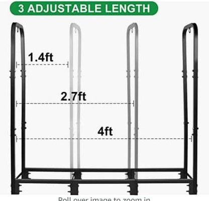Firewood Rack Stand 4ft Heavy Duty Logs Holder for Outdoor Indoor Fireplace Metal Wood Pile Storage Stacker Organizer, Matte Black
