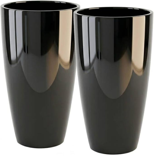 SUN-E Tall Planter for Outdoor Indoor Plants 2Pack, 21Inch Large Gloss Black Planter with Removable Insert Shelf High Glossy Piano Finish Ceramic-Look Tall Flower Pot for Office Lobby Minimalist Decor
