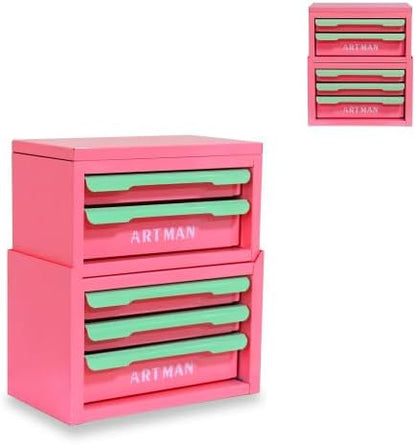 Metal Tool Box with Sliding Drawers, 5-Drawer Desktop Tool Box, Small Steel Tool Chest, Portable Benchtop Toolbox for Jewelry & Office DIY Pink&Creamy Green