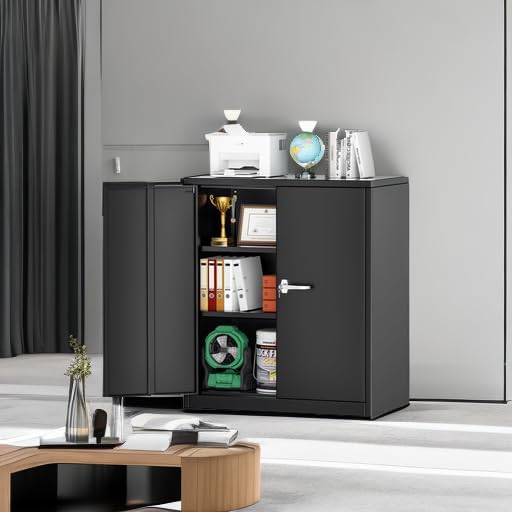 INTERGREAT Steel Storage Cabinet with Lock, Lockable Metal Storage Cabinets with 2 Adjustable Shelves, Black Counter Height Garage Cabinet