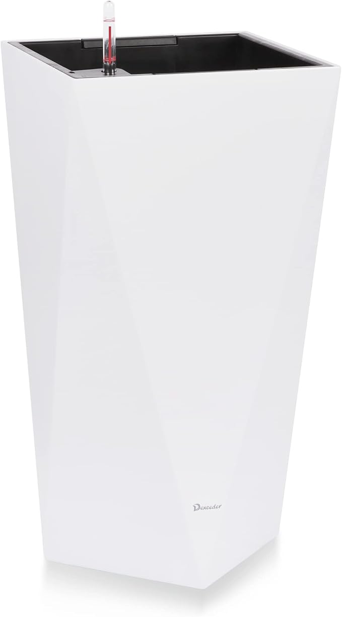 Dexceder 24 Inches Self Watering Tall Planter (White) | Diamond High Gloss, Thickened Rhombus Large Floor Standing Flower Plant Pot with Water Level Indicator Indoor Outdoor