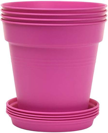 Mintra Garden Pots, 4 Pack Bulk Plastic Plant Pots with Drainage Tray, Round Indoor & Outdoor Decorative Planters with Drain Holes for Flowers, Herbs & Plants, 11cm Diameter – Fuchsia, 4.3 in