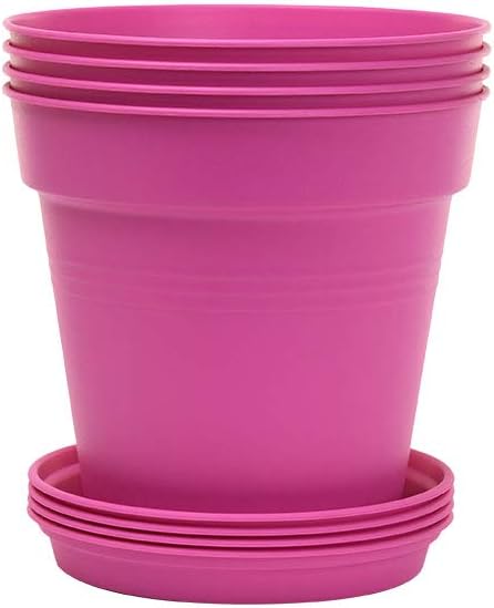Mintra Garden Pots, 4 Pack Bulk Plastic Plant Pots with Drainage Tray, Round Indoor & Outdoor Decorative Planters with Drain Holes for Flowers, Herbs & Plants, 11cm Diameter – Fuchsia, 4.3 in