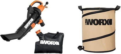 WORX WG509 12 Amp TRIVAC 3-in-1 Electric Leaf Blower with All Metal Mulching System & WA0030 Landscaping 26-Gallon Collapsible Yard Waste Bag/Leaf Bin