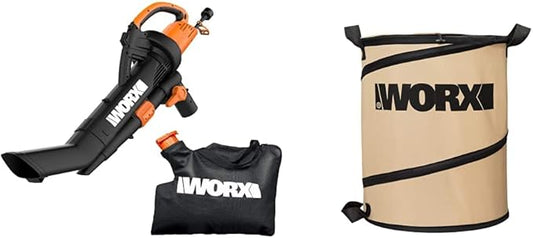 WORX WG509 12 Amp TRIVAC 3-in-1 Electric Leaf Blower with All Metal Mulching System & WA0030 Landscaping 26-Gallon Collapsible Yard Waste Bag/Leaf Bin
