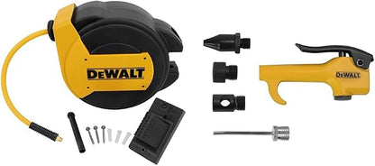 DEWALT DXCM024-0434 3/8" X 50' Enclosed Hose Reel & 5pc Hand Held Air Gun Kit (w/Venturi Tip, Rubber Tip, Adaptor, & Needle Inflation Tip)