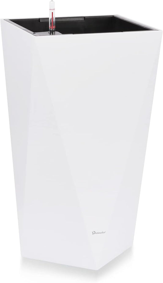 Dexceder 20 Inches Self Watering Tall Planter (White) | Diamond High Gloss, Thickened Rhombus Large Floor Standing Flower Plant Pot with Water Level Indicator Indoor Outdoor