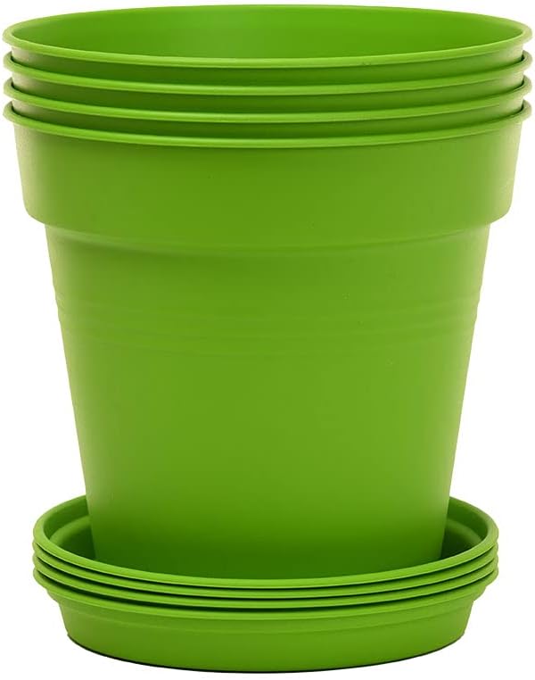 Mintra Garden Pots, 4 Pack Bulk Plastic Plant Pots with Drainage Tray, Round Indoor & Outdoor Decorative Planters with Drain Holes for Flowers, Herbs & Plants, 17cm Diameter – Light Green, 6.6 in
