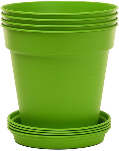Mintra Garden Pots, 4 Pack Bulk Plastic Plant Pots with Drainage Tray, Round Indoor & Outdoor Decorative Planters with Drain Holes for Flowers, Herbs & Plants, 17cm Diameter – Light Green, 6.6 in