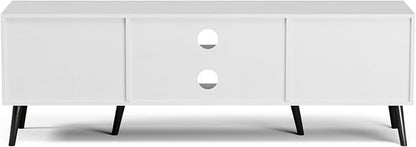 ZttRiee TV Stand with Rattan Doors for TVs up to 65", Mid-Century, White | 54.7"W x 15.7"D x 18.9"H, 150 lbs capacity, 2 rattan-door cabinets & 1 shelf (4 compartments), 2 cord holes, 6 wood feet