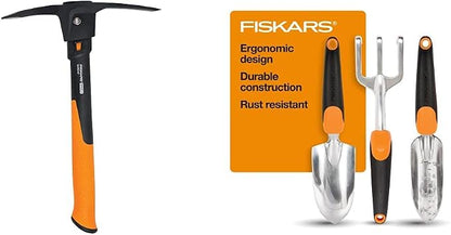 Fiskars 751220-1001 Pro IsoCore Pick/Mattock, 1.5 lb, Orange/Black & 384490-1002 Garden Scratch Tool Set with Shovel, Hand Rake and Spade for Weed Removal, Digging, Gardening, Black/Orange