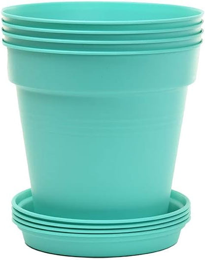 Mintra Garden Pots, 4 Pack Bulk Plastic Plant Pots with Drainage Tray, Round Indoor & Outdoor Decorative Planters with Drain Holes for Flowers, Herbs & Plants, 13cm Diameter – Teal, 5 in