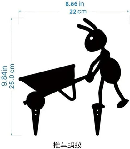 Set of 2 Ant Garden Stakes - Black Iron Metal Yard Art for Outdoor Decor - Laboring Ant with Cart & Ant with Fork - Garden Statues for Patio, Flower Beds & Farmhouse