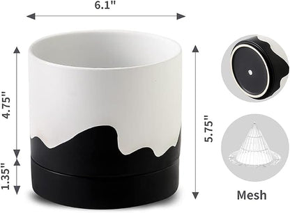 Nihow Ceramic Plant Pot,6 Inch Planter with Drainage Hole&Saucer for Indoor | White & Black,Indoor & Outdoor, Cylinder Round Flower Pot, For Succulent/Herbs/Violets