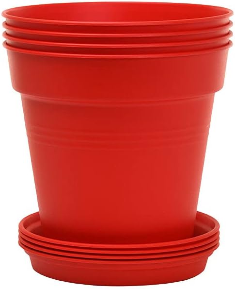 Mintra Garden Pots, 4 Pack Bulk Plastic Plant Pots with Drainage Tray, Round Indoor & Outdoor Decorative Planters with Drain Holes for Flowers, Herbs & Plants, 13cm Diameter – Red, 5 in