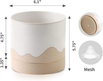 Nihow Ceramic Plant Pot,6 Inch Planter with Drainage Hole&Saucer for Indoor | White & Nature,Indoor & Outdoor, Cylinder Round Flower Pot, For Succulent/Herbs/Violets