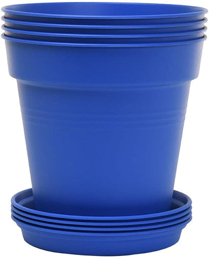 Mintra Garden Pots, 4 Pack Bulk Plastic Plant Pots with Drainage Tray, Round Indoor & Outdoor Decorative Planters with Drain Holes for Flowers, Herbs & Plants, 17cm Diameter – Blue, 6.6 in