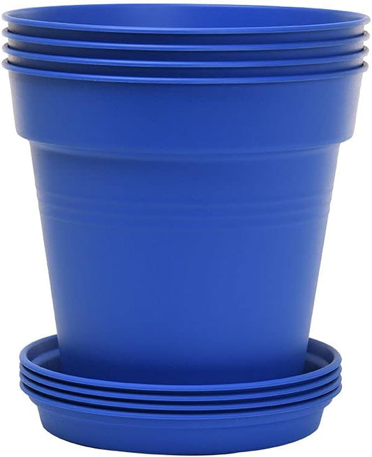 Mintra Garden Pots, 4 Pack Bulk Plastic Plant Pots with Drainage Tray, Round Indoor & Outdoor Decorative Planters with Drain Holes for Flowers, Herbs & Plants, 17cm Diameter – Blue, 6.6 in