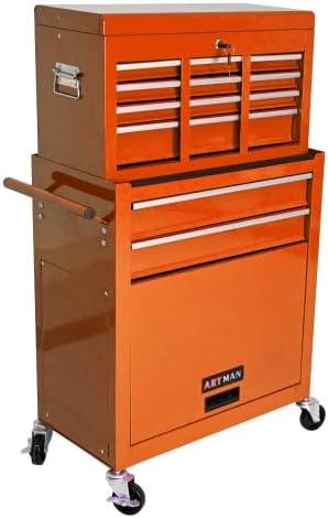 8-Drawer Tool Chest, Detachable Top Box for Garage,Orange | Rolling Mobile Storage Cabinet Organizer with Lockable Wheels for Workshop Utility, Heavy Duty Metal Construction