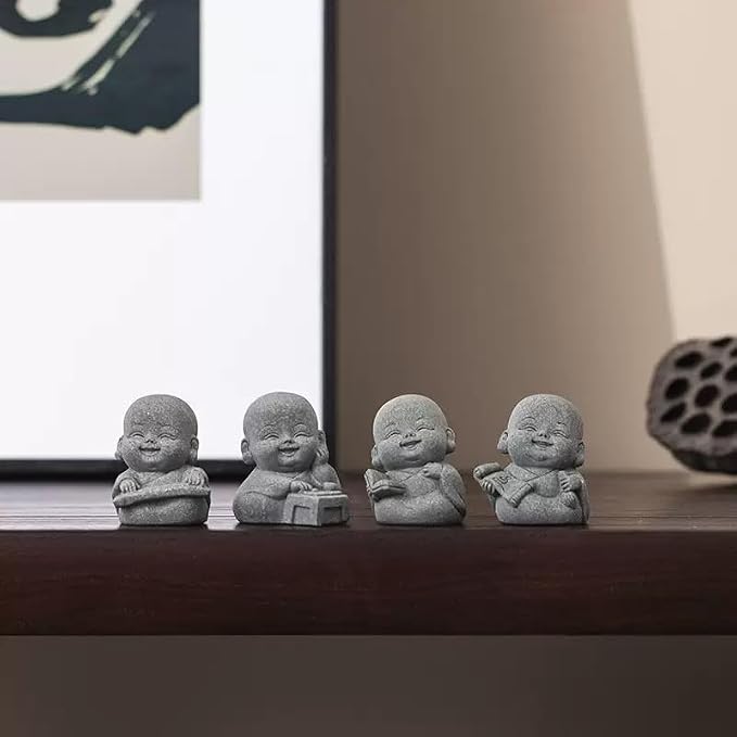4Pcs Laughing Buddha Statue Feng Shui Decor, Cut Zen Monk Buddha Statue for Praying, Monk Sandstone Figurine Ornaments for for Home Decor or Garden Outdoor (4 Little Zen Monks)