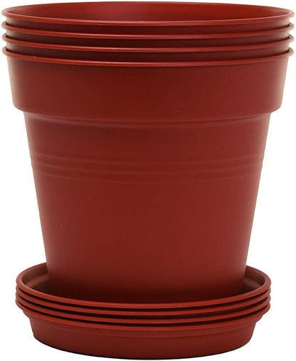 Mintra Garden Pots, 4 Pack Bulk Plastic Plant Pots with Drainage Tray, Round Indoor & Outdoor Decorative Planters with Drain Holes for Flowers, Herbs & Plants, 17cm Diameter – Burgundy, 6.6 in