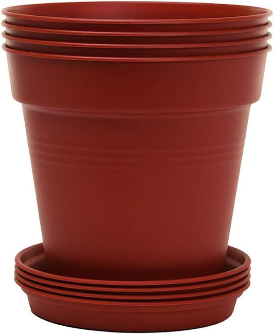Mintra Garden Pots, 4 Pack Bulk Plastic Plant Pots with Drainage Tray, Round Indoor & Outdoor Decorative Planters with Drain Holes for Flowers, Herbs & Plants, 17cm Diameter – Burgundy, 6.6 in