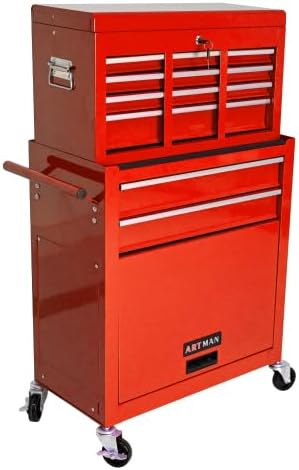 8-Drawer Tool Chest, Detachable Top Box for Garage,Red | Rolling Mobile Storage Cabinet Organizer with Lockable Wheels for Workshop Utility, Heavy Duty Metal Construction