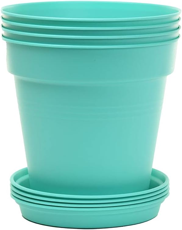 Mintra Garden Pots, 4 Pack Bulk Plastic Plant Pots with Drainage Tray, Round Indoor & Outdoor Decorative Planters with Drain Holes for Flowers, Herbs & Plants, 17cm Diameter – Teal, 6.6 in