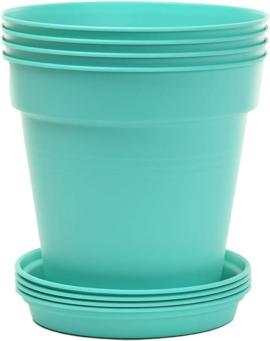 Mintra Garden Pots, 4 Pack Bulk Plastic Plant Pots with Drainage Tray, Round Indoor & Outdoor Decorative Planters with Drain Holes for Flowers, Herbs & Plants, 17cm Diameter – Teal, 6.6 in
