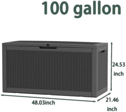 100 Gallon Deck Box, Waterproof Resin Rattan Outdoor Storage Box with Lockable Lid, Fade Resistant Patio Storage Box for Garden Tools, Pool Accessories, Outdoor Cushions, Black