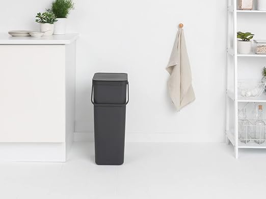 Brabantia Sort & Go Kitchen Recycling Bin | L / 10.6 Gal / 40L | Dark Gray | Removable Stay-Open Lid, Carry Handle | Trash Can for Bottles, Cans, Paper, Glass | Wall Bracket Sold Separately