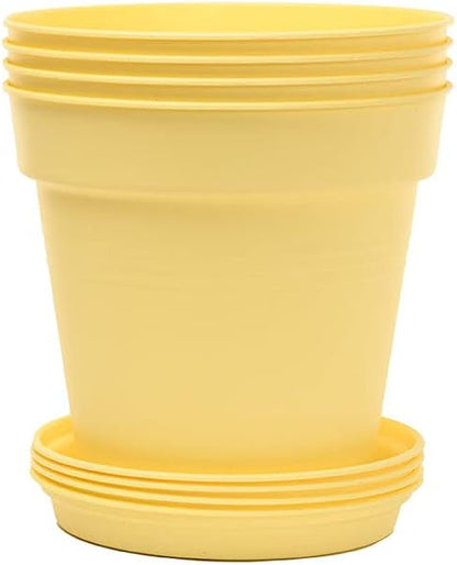 Mintra Garden Pots, 4 Pack Bulk Plastic Plant Pots with Drainage Tray, Round Indoor & Outdoor Decorative Planters with Drain Holes for Flowers, Herbs & Plants, 13cm Diameter – Yellow, 5 in